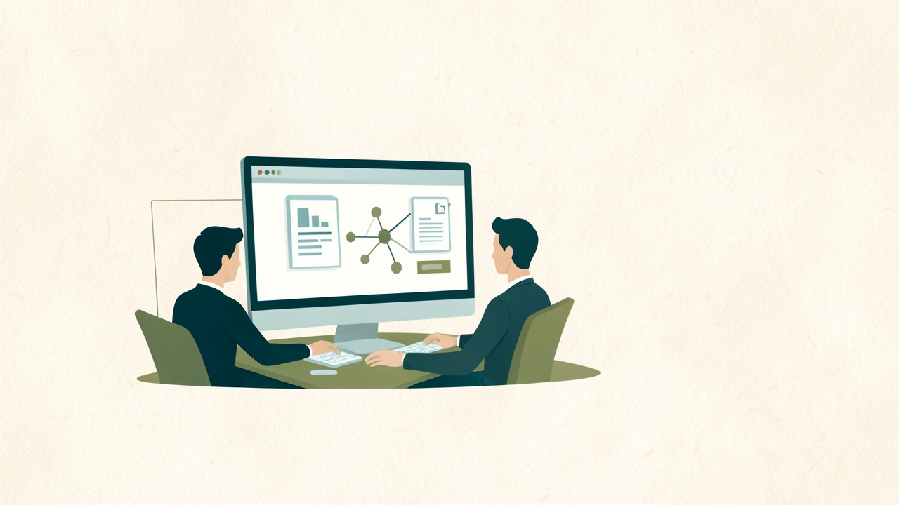 Ilustracija dviju osoba koje pregledavaju podatke i dokumentaciju web aplikacije.